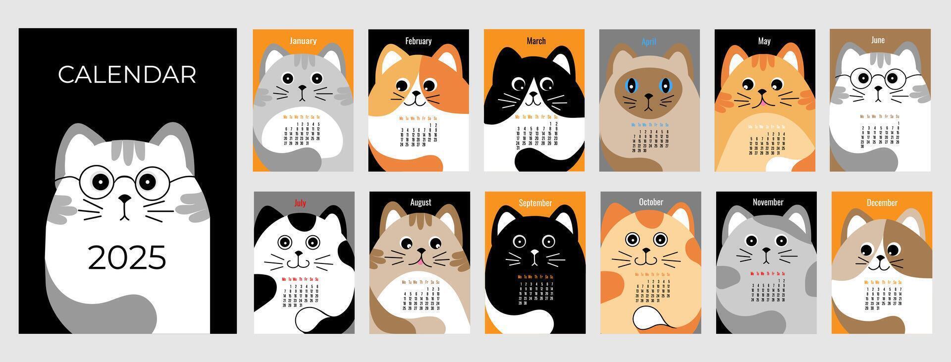 Calendar for 2025 Set of 12 month illustration in vertical format A4 A5. Hand Drawn kitten in cartoon style. Week starts on Monday. vector