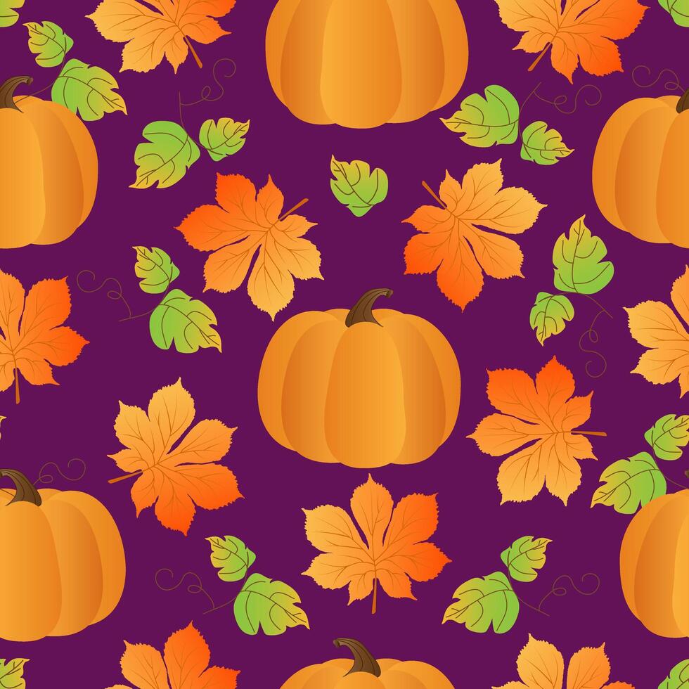 Seamless pattern with hand drawn autumn chestnut leaves, pumpkin on purple background. vector