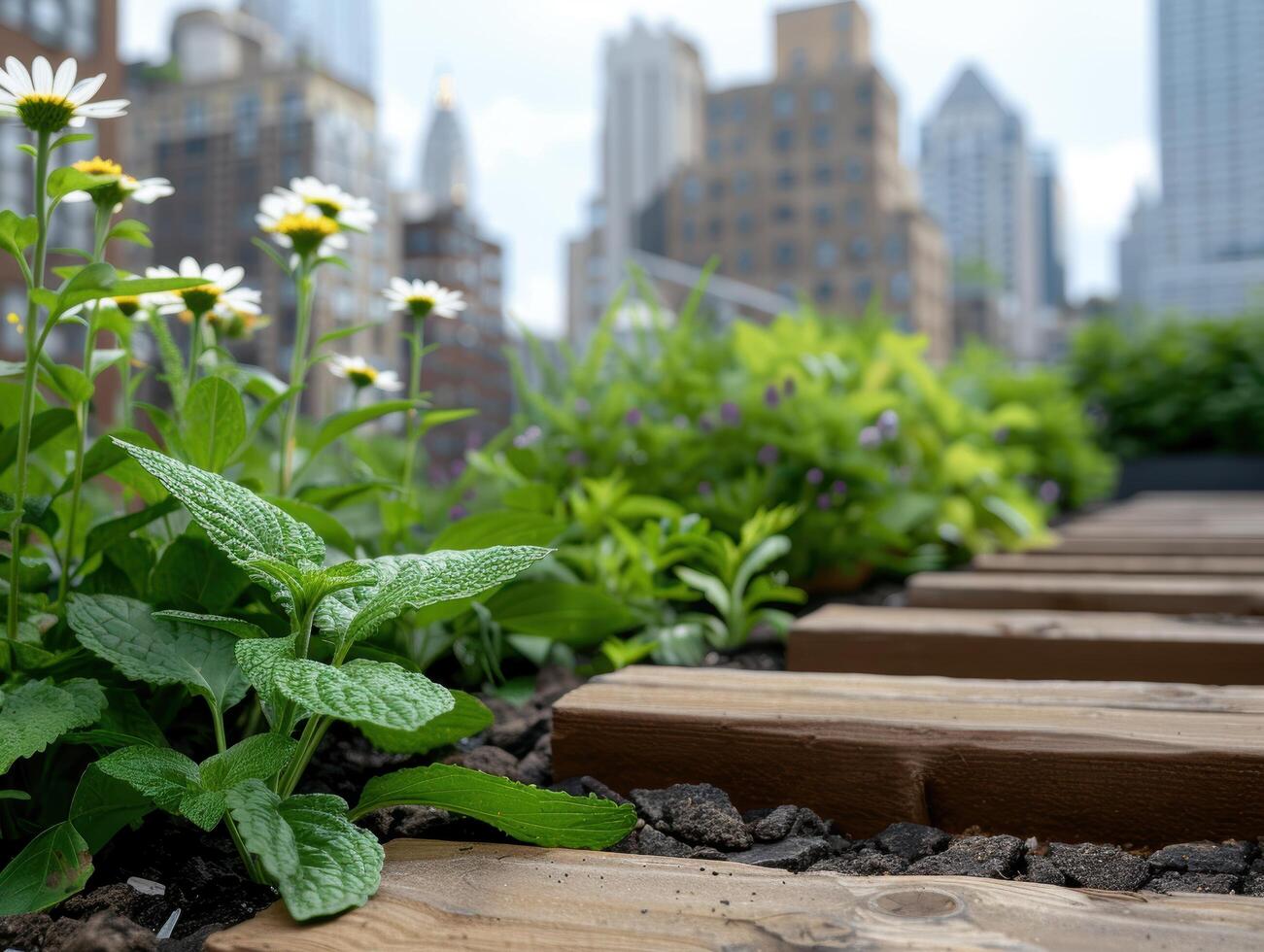 urban garden with flowers and skyscrapers photo