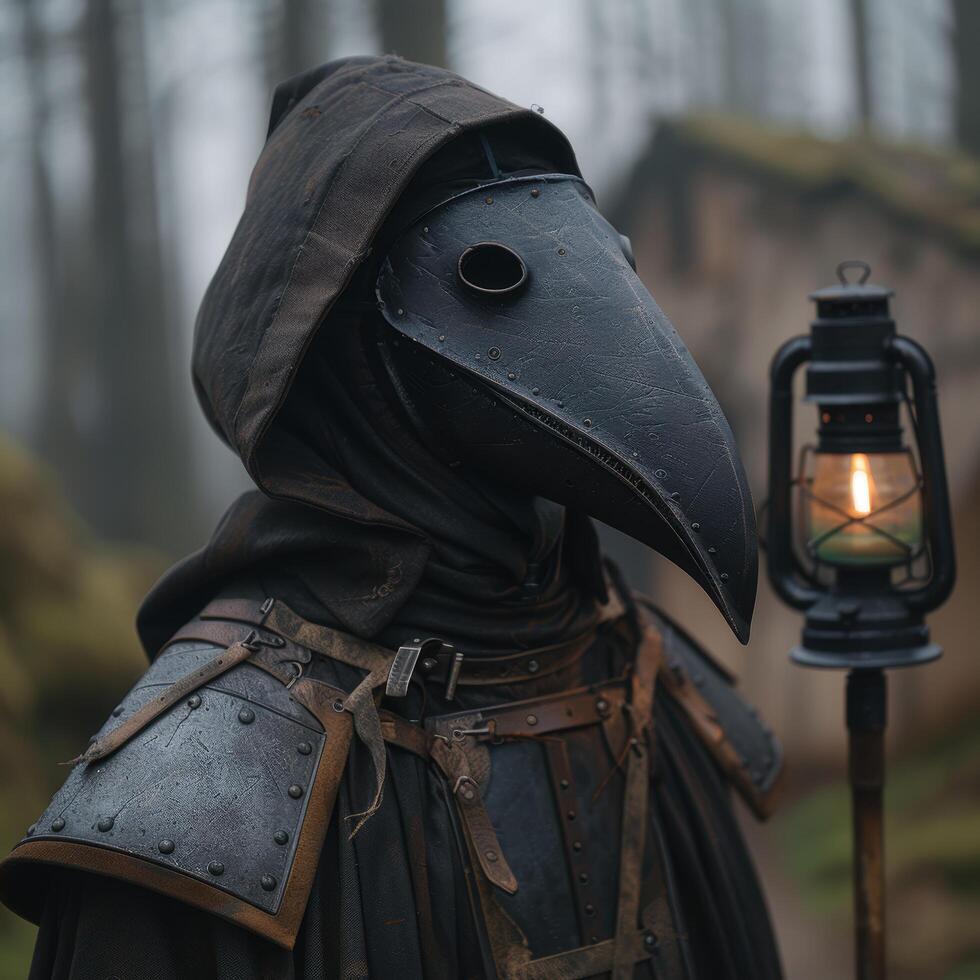 Mysterious plague doctor in the woods with lantern photo