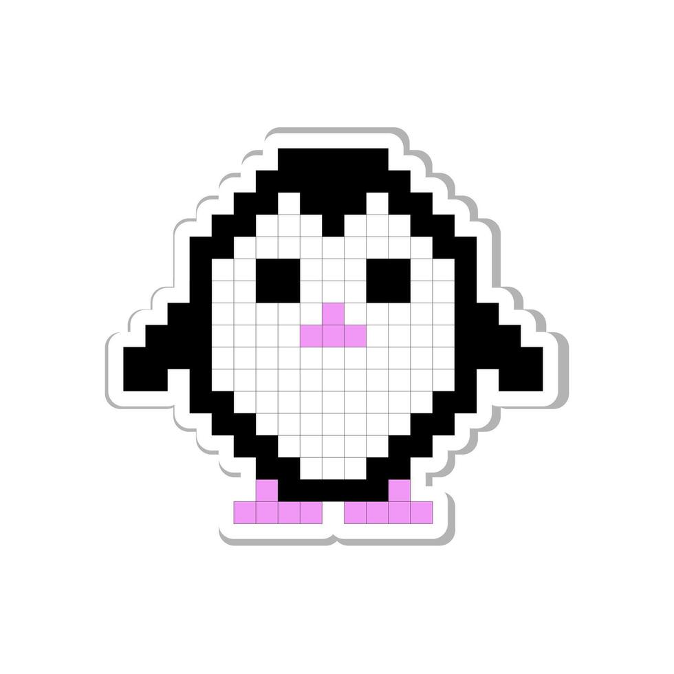 Pixel art sticker for print on different product, social media communication. Cute penguin isolated illustration on white background. vector