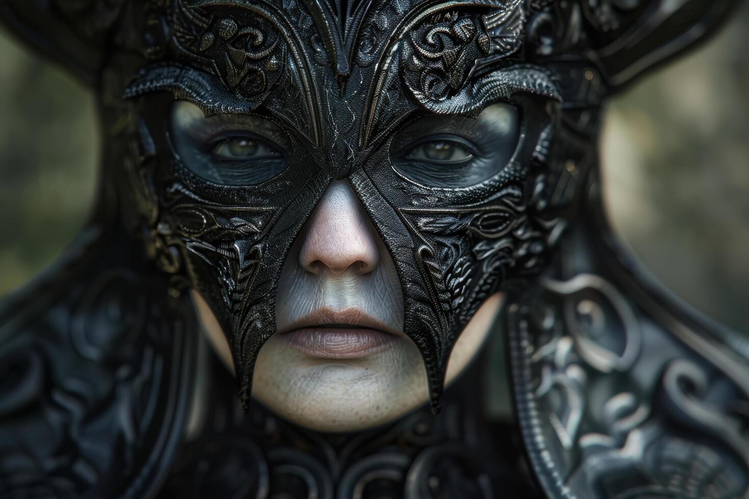 Mysterious masked figure with intense gaze photo
