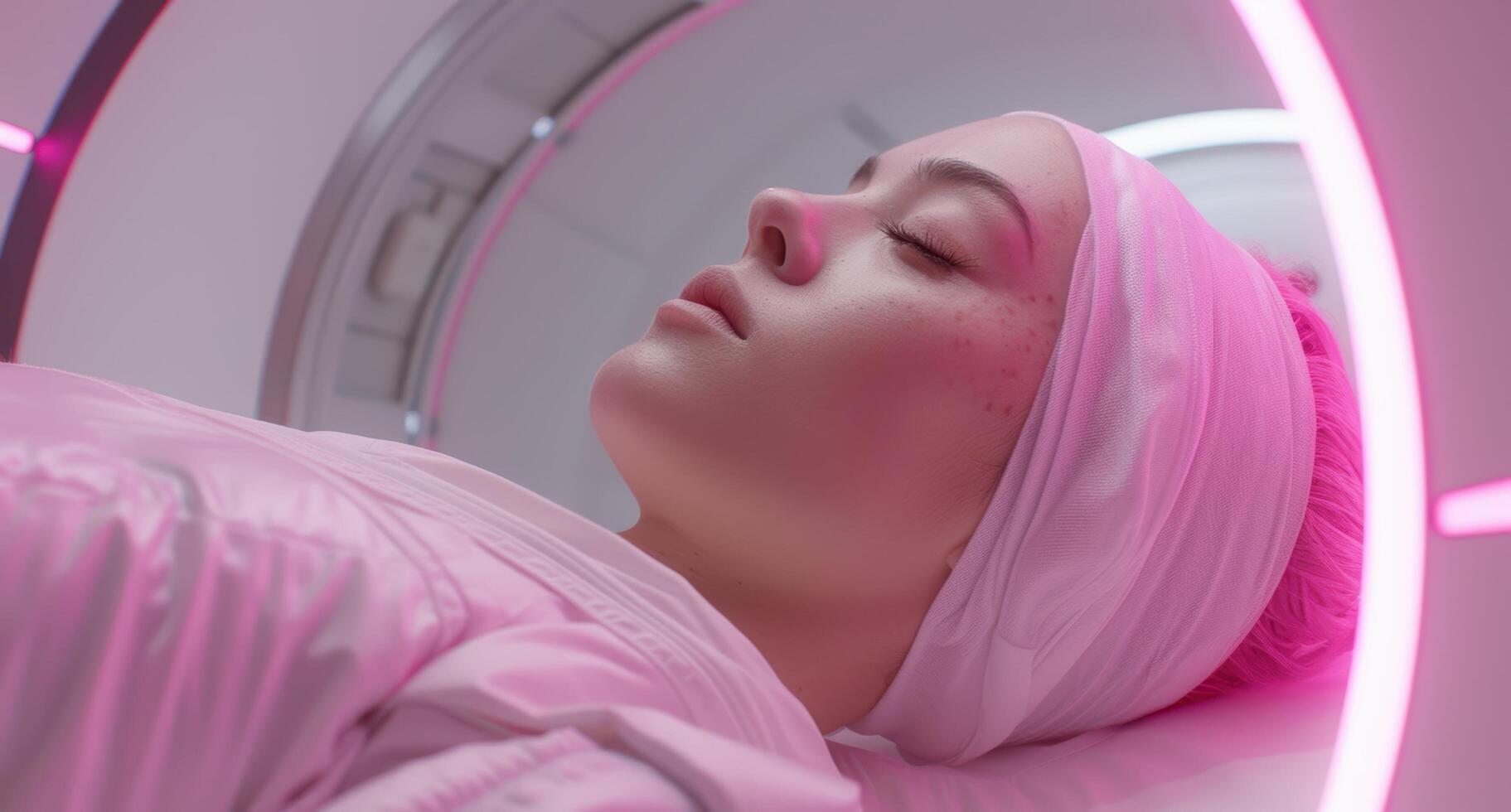 woman undergoing medical scan in pink lighting photo