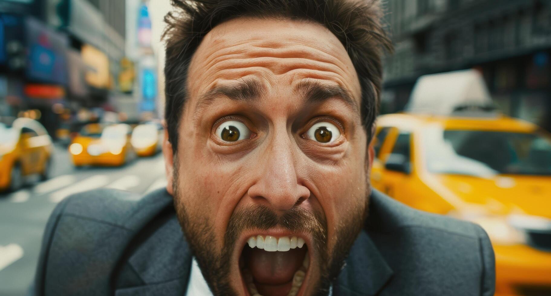 Surprised businessman with wide eyes in city photo