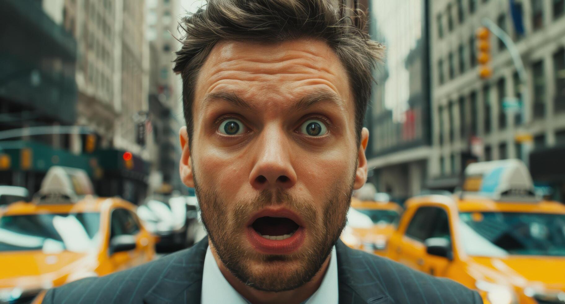 surprised businessman in city street photo