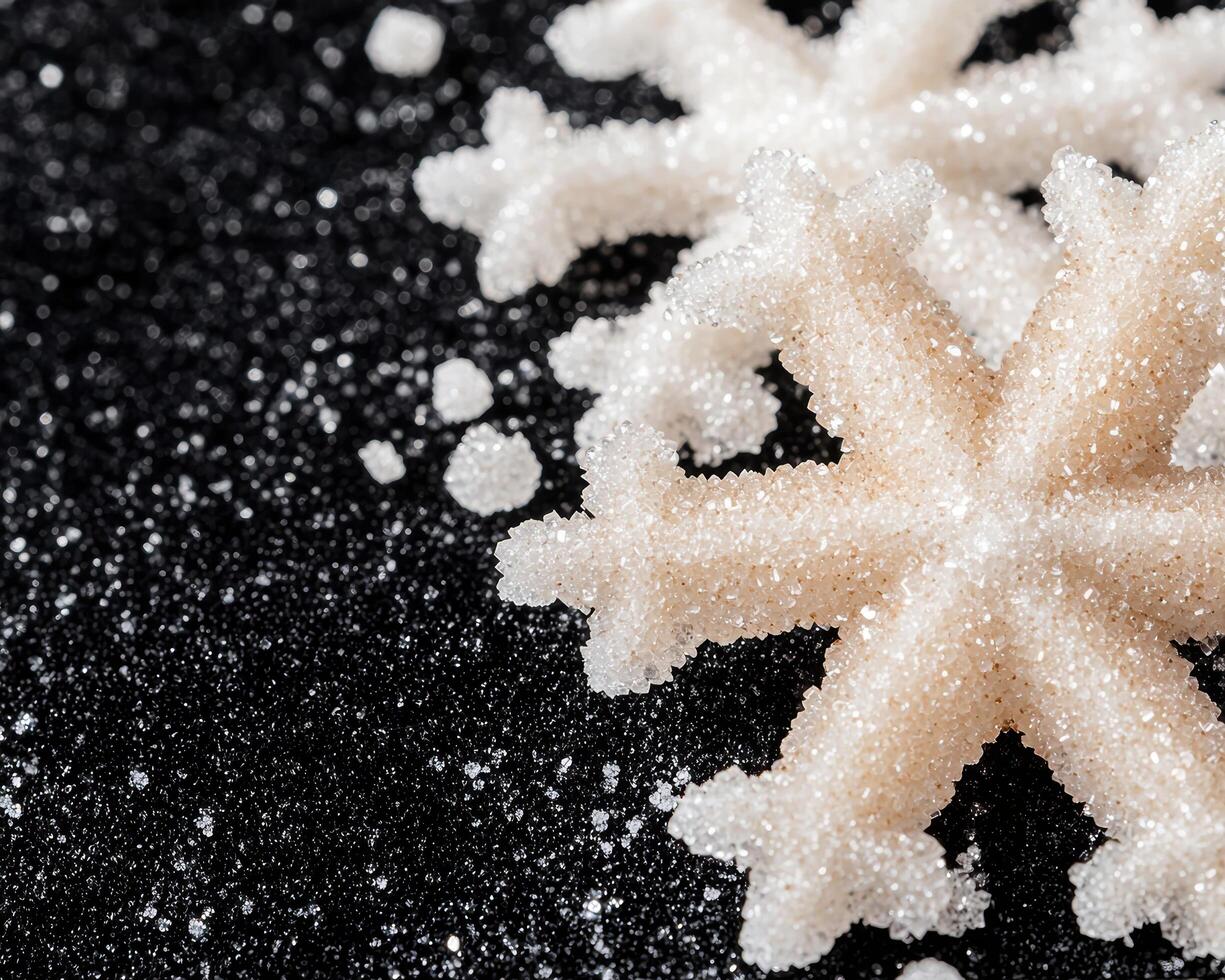 Sparkling snow crystals on a dark background photo