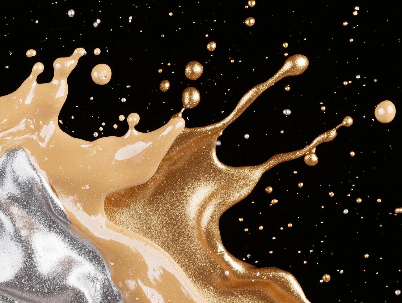Sparkling golden liquid splash against black background photo