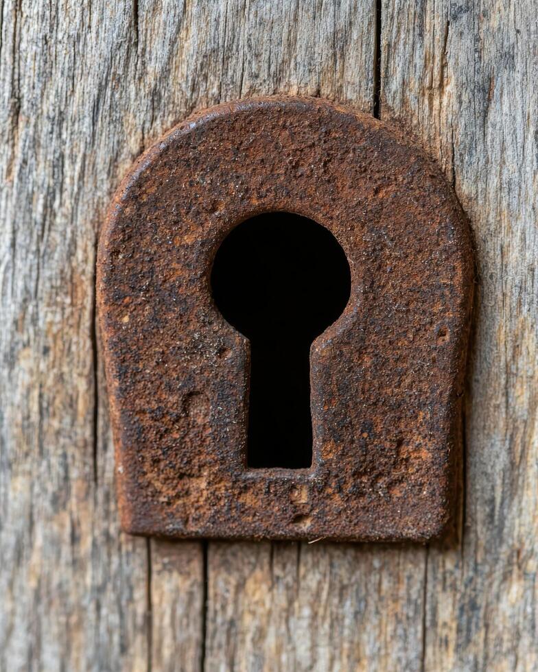 Rusty old keyhole in weathered wooden door photo