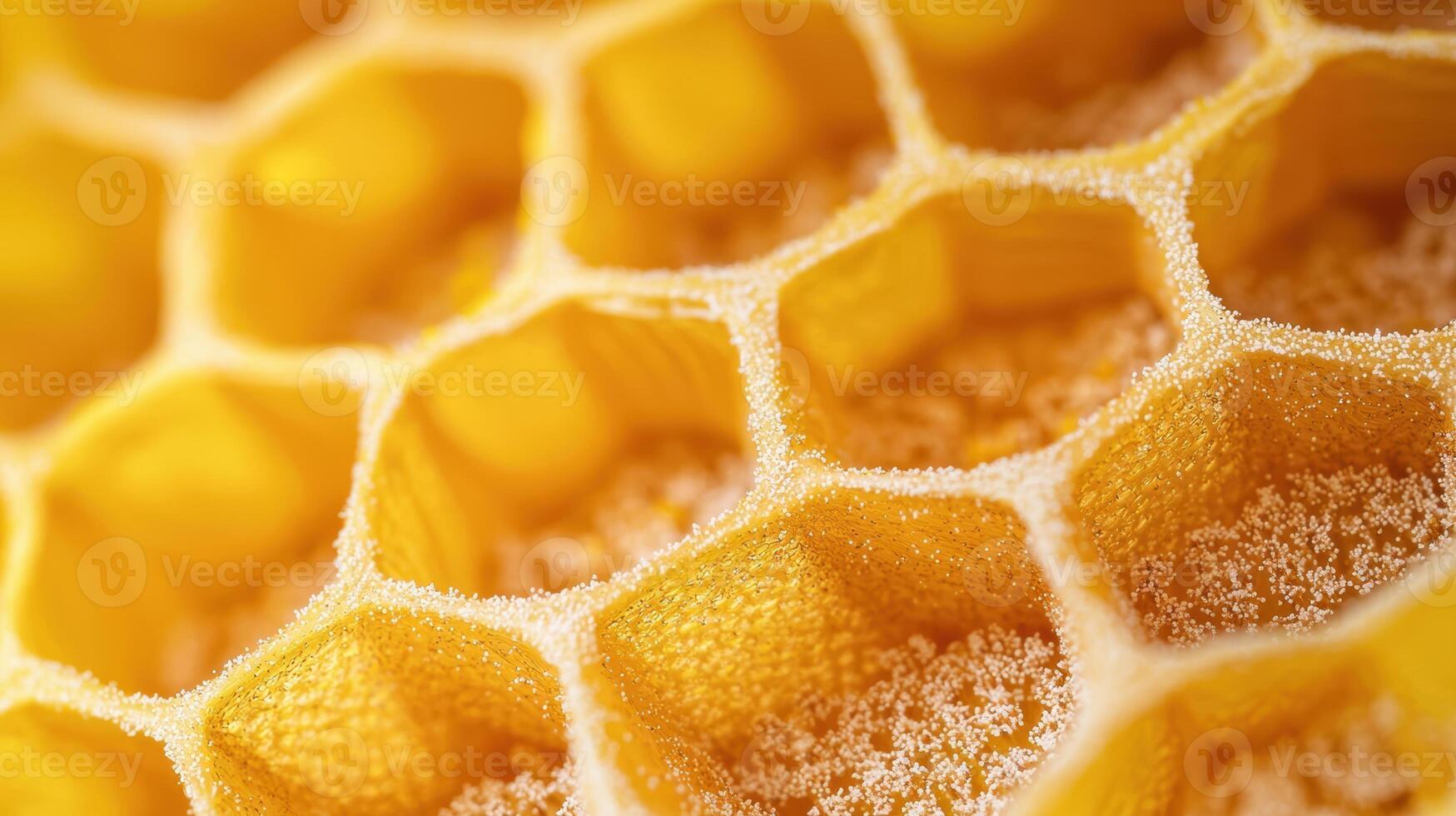 Closeup view of honeycomb structure with golden honey photo