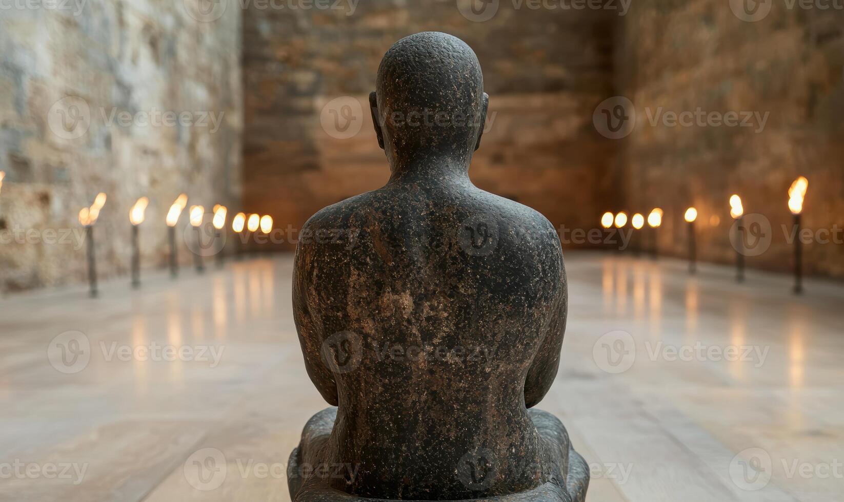 Contemplative stone sculpture in dimly lit hallway photo