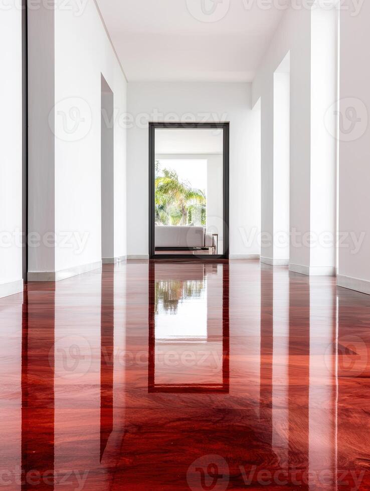 modern minimalist interior with polished wood floors photo