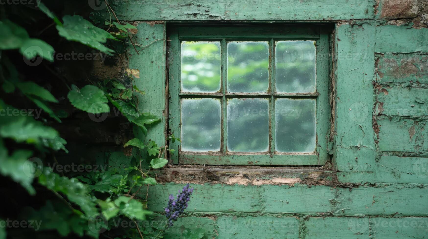 Weathered green window frame with overgrown plants photo