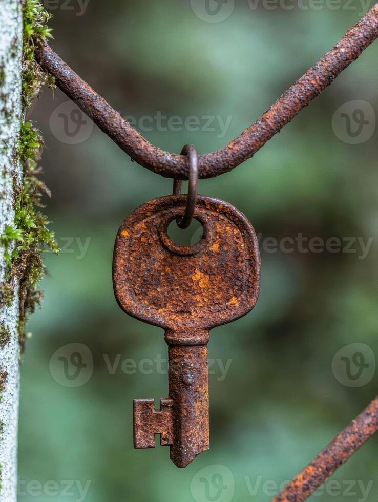 Rusty old key hanging on tree branch photo