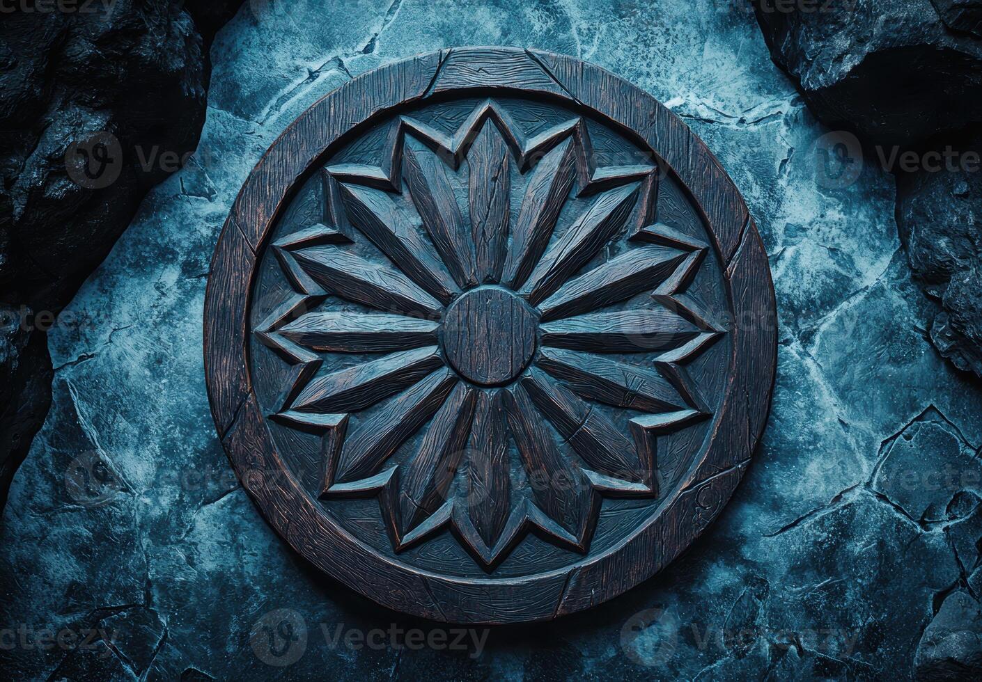 Intricate wooden carving of a flower like design on a dark rocky background photo