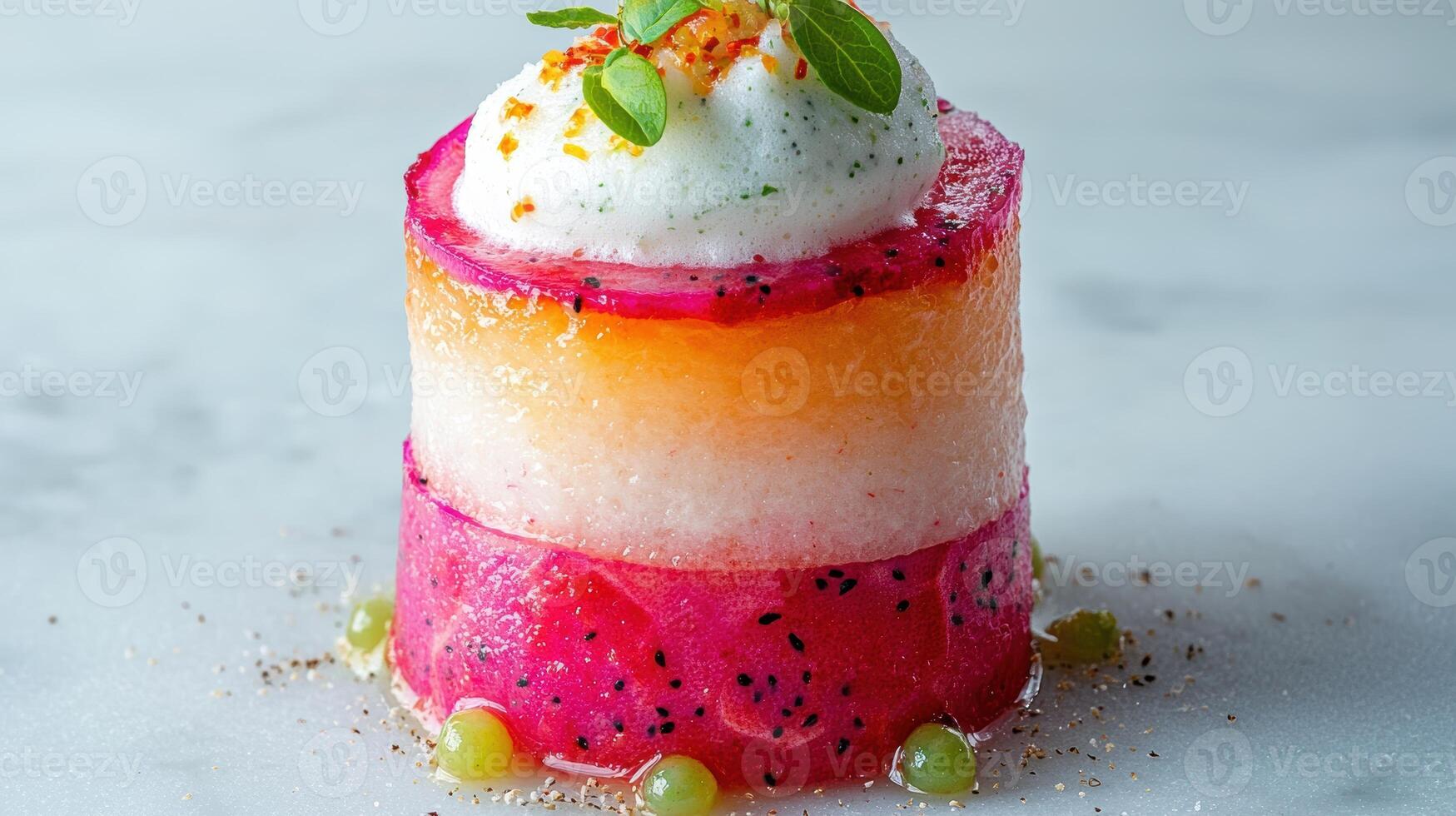 Colorful layered dessert with fruit and whipped cream photo