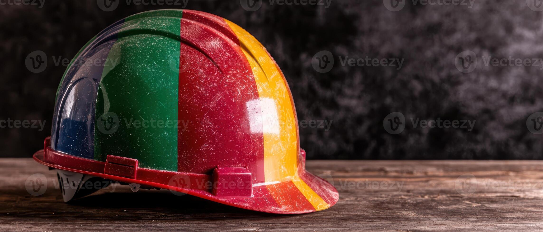 Colorful hard hat on wooden table photo