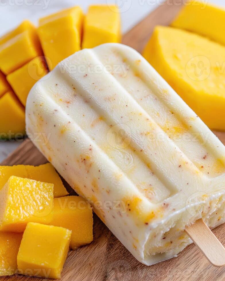 Delicious mango popsicle on wooden background photo