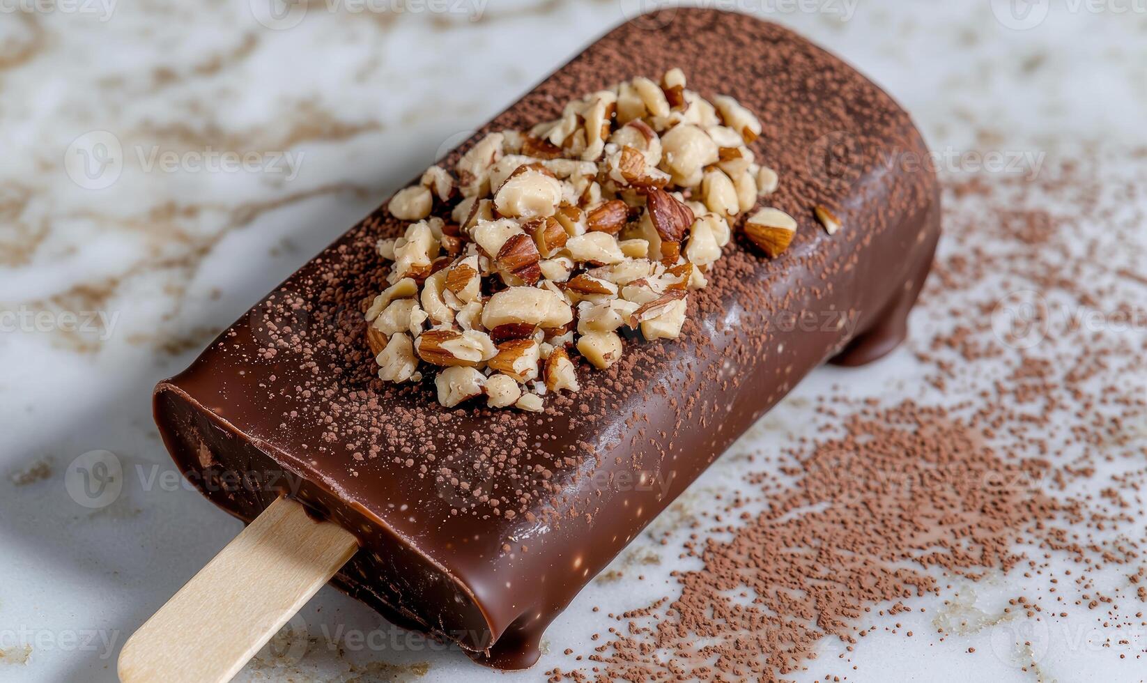 Chocolate popsicle with chopped nuts photo