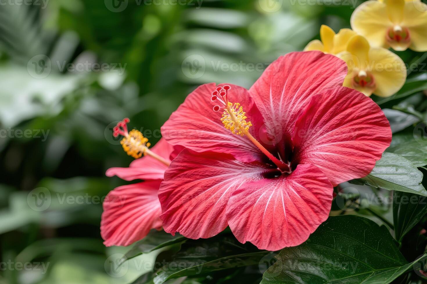 Vibrant red hibiscus flower in tropical garden photo