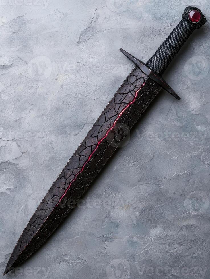Dramatic fantasy sword on cracked stone background photo