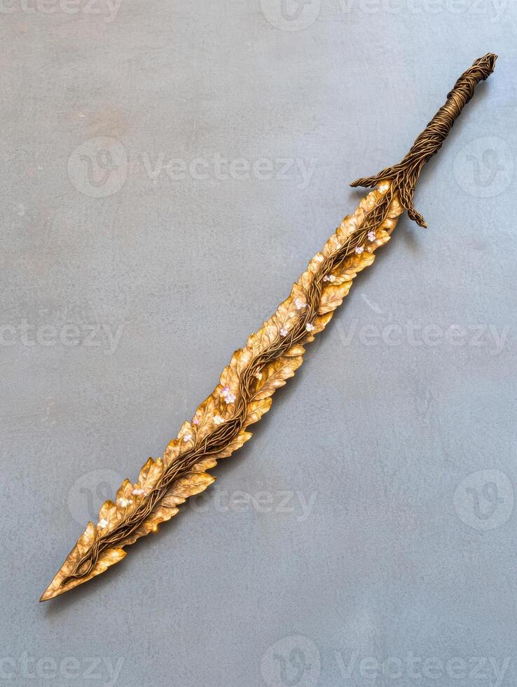 Ornate golden sword on gray background photo