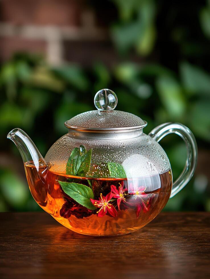 Herbal tea infusion in glass teapot with flowers photo