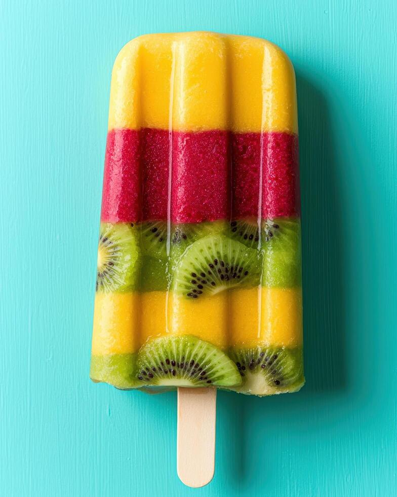 Colorful fruit popsicle on wooden stick photo
