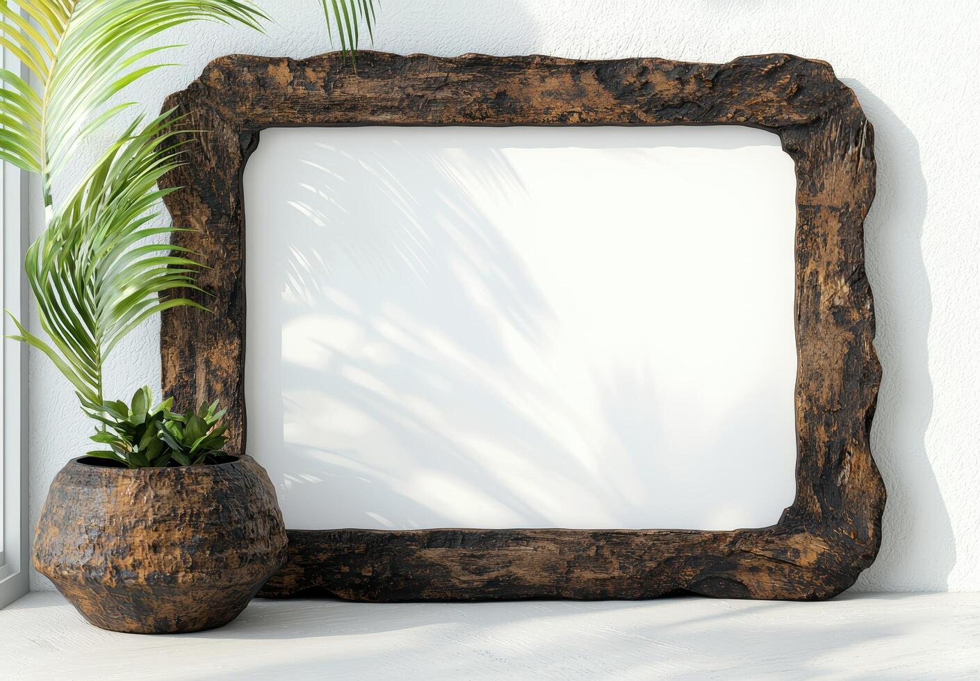 rustic wooden mirror frame with tropical plants photo