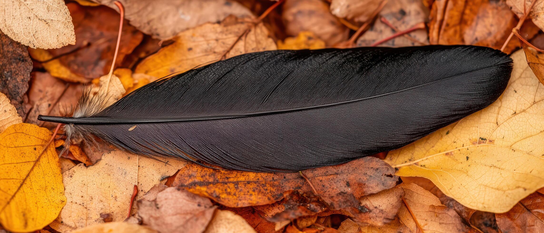 Fallen black feather on autumn leaves photo