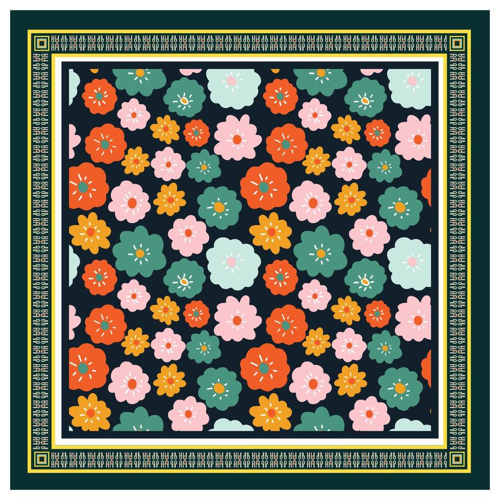 A square floral print pattern in vibrant colors set against a solid black background, vector