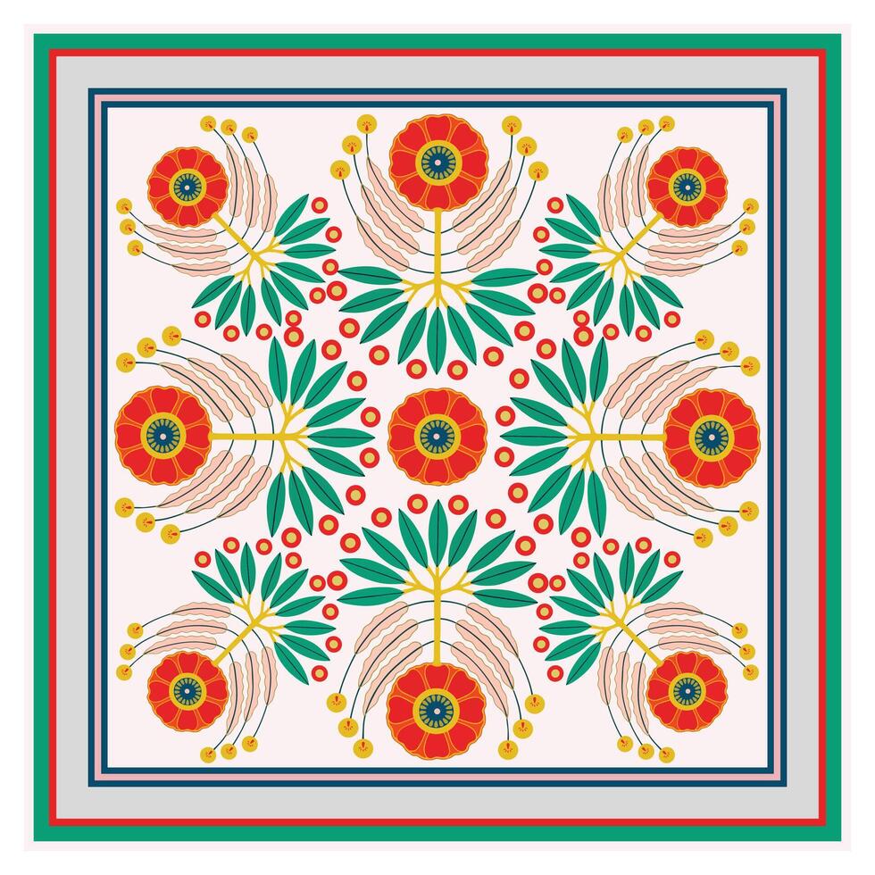 A square print pattern featuring an arrangement of colorful flowers and green leaves, creating a vibrant and natural design. vector