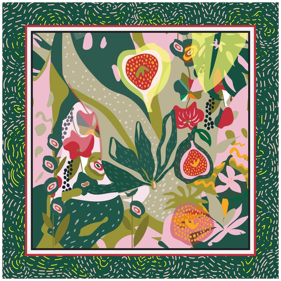 A vibrant and abstract a tropical garden. green leaves, punctuated by white dots, swirl and intertwine, creating a sense of depth and movement. Vivid red and pink flowers bloom amongst the greenery. vector