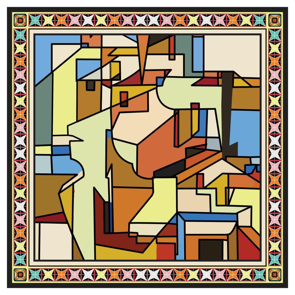 Abstract Geometric Scarf Print Pattern a variety of shapes such as triangles, circles, hexagons, and squares, a diverse array of colors bright blues, reds, yellows, and pinks. vector