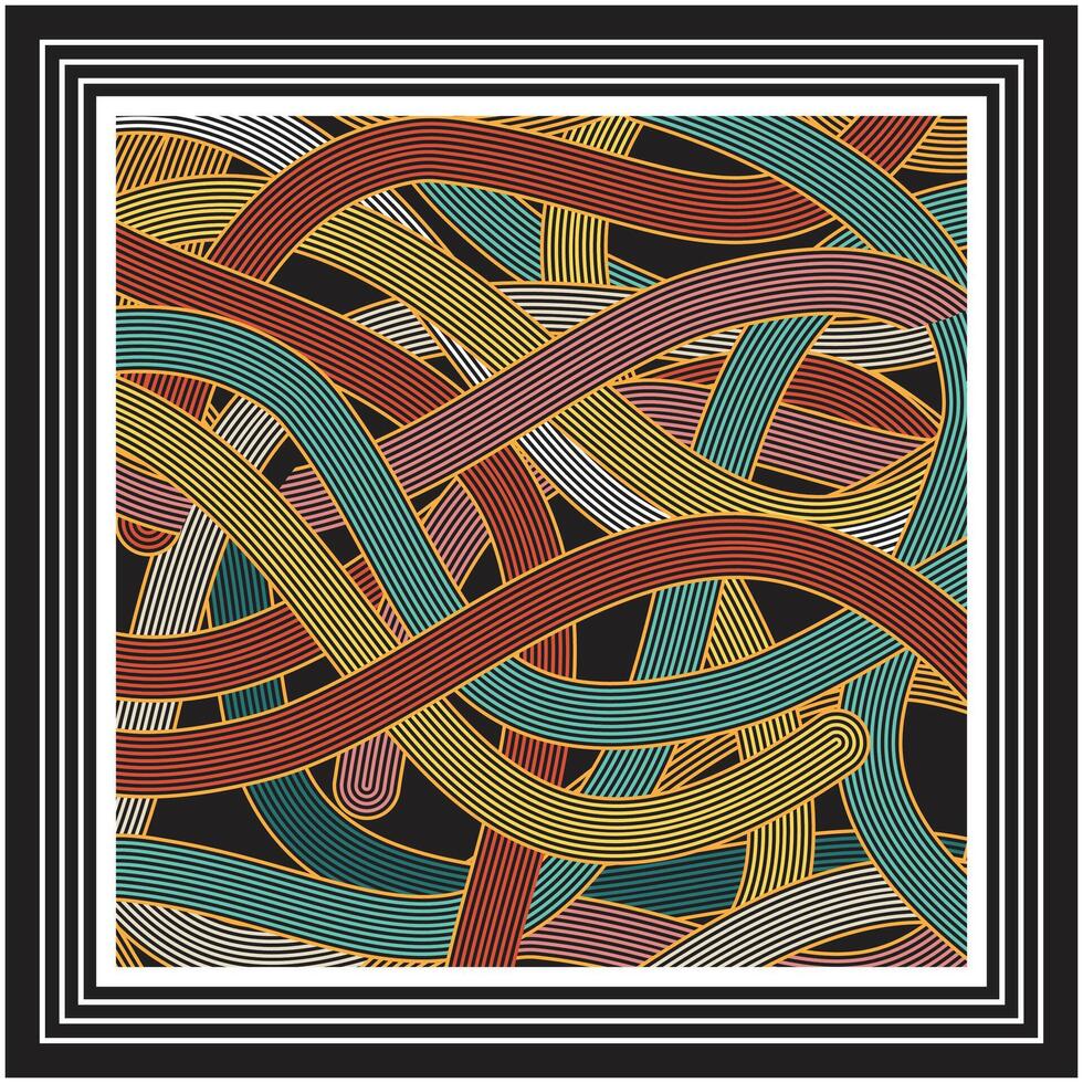 A square bold line print pattern scarf waves featuring a vibrant design in red, green, and black colors, creating a striking visual effect. vector