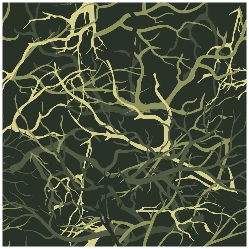 Abstract camouflage Tree Branches pattern featuring a dark green background with light green and yellow branches, creating a dense and intricate network. vector