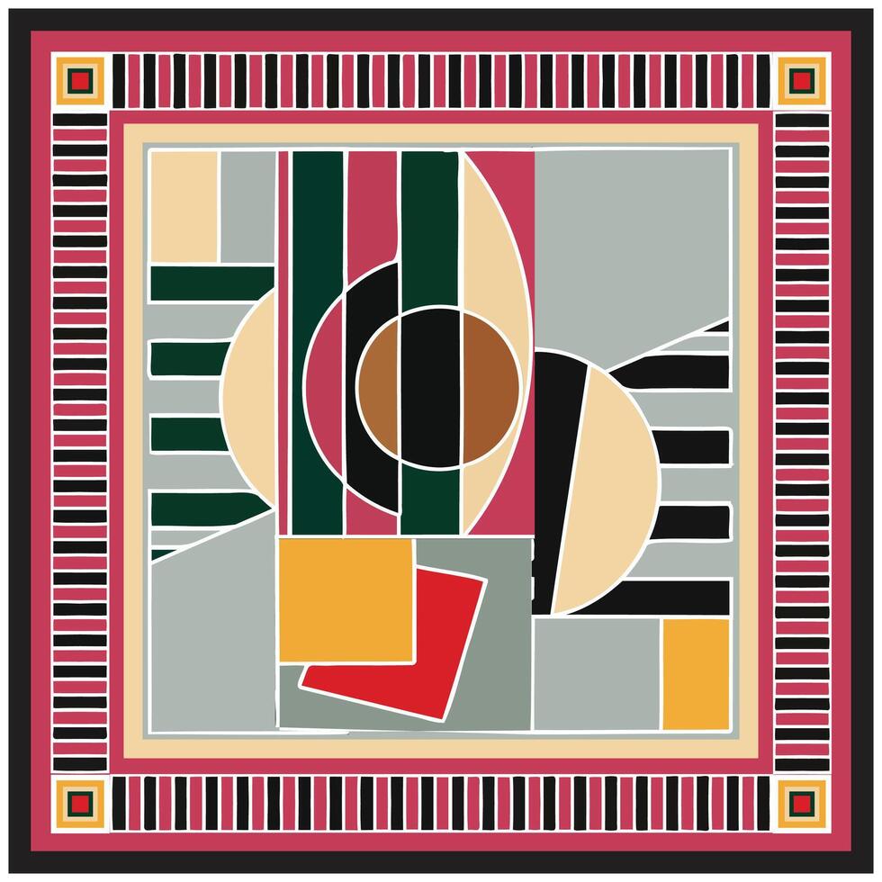 Abstract square Scarf Print Pattern, geometric artwork featuring a central square composed of various shapes and colors, A combination of circles, rectangles, and curved lines in shades of Colors. vector