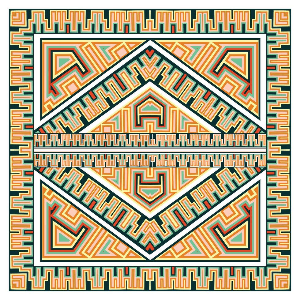 A vibrant square print pattern scarf abstract design featuring a central square, surrounded by a burst of colors and dynamic shapes. vector