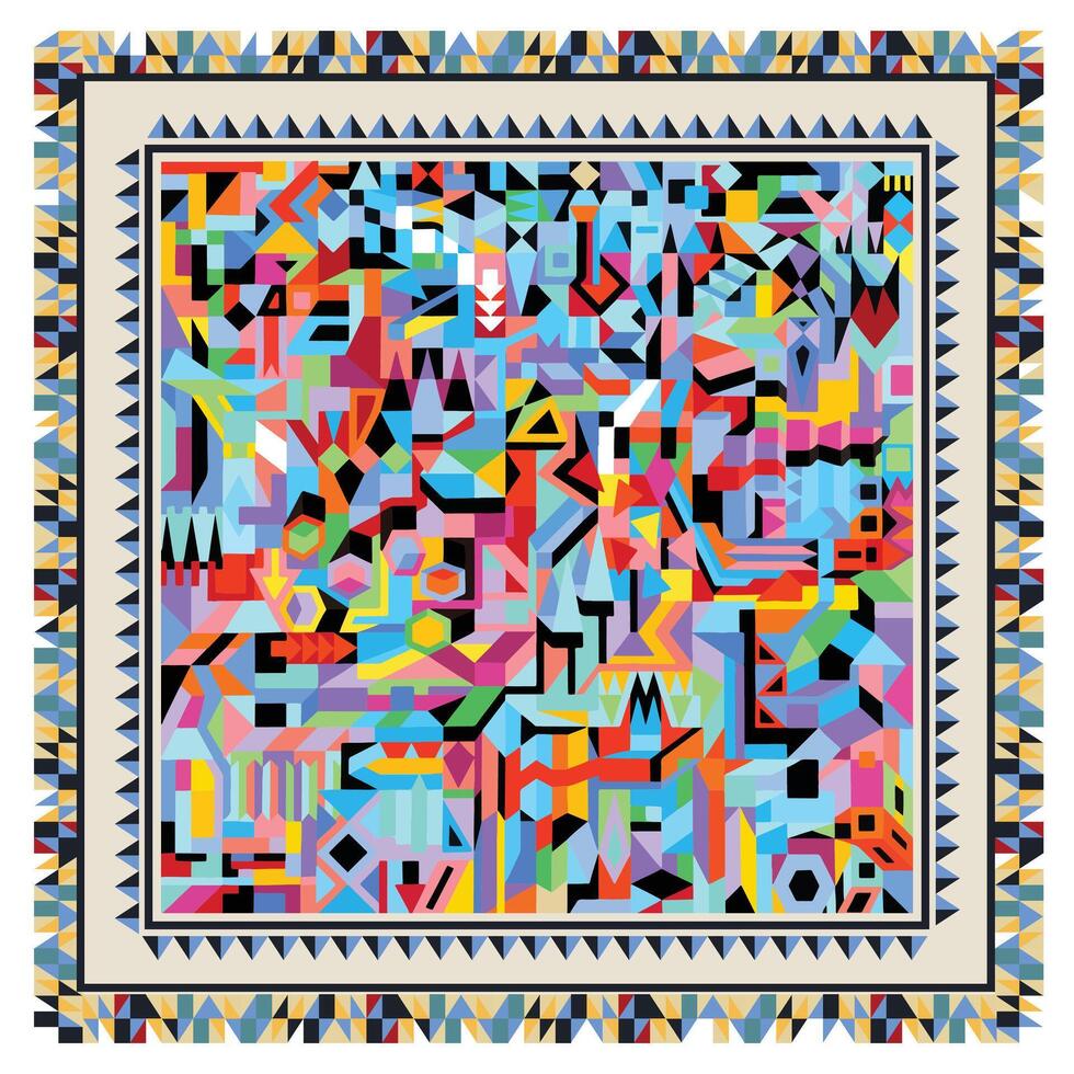 Abstract Geometric Scarf Print Pattern a variety of shapes such as triangles, circles, hexagons, and squares, a diverse array of colors bright blues, reds, yellows, and pinks. vector
