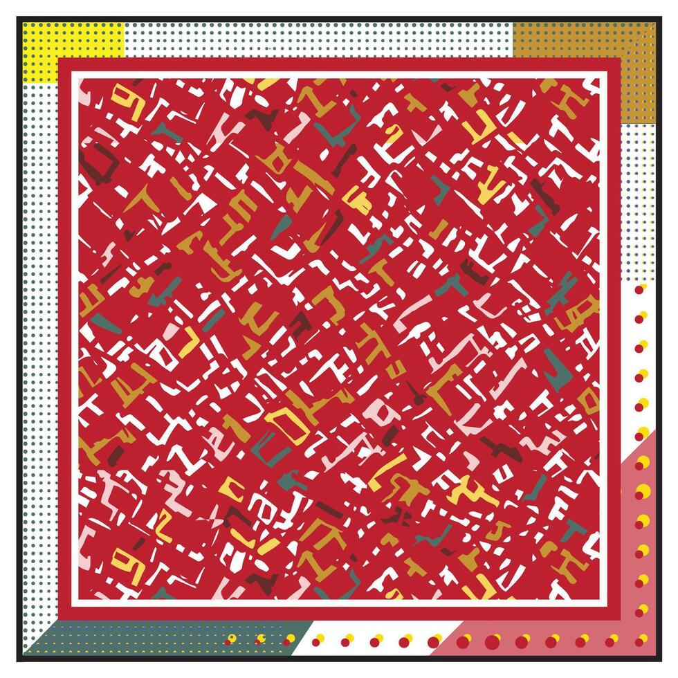 A red square featuring a geometric pattern of smaller squares and triangles in contrasting colors. vector