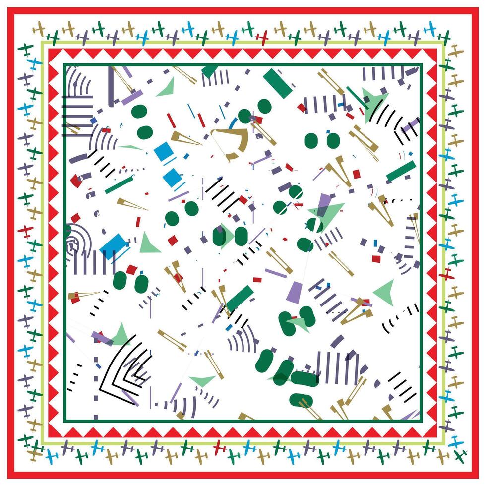 Colorful abstract geometric shapes and lines scattered over a white background. Square Shape Scarf Seamless print Pattern vector