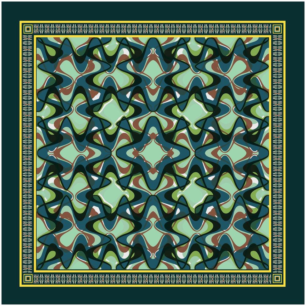 The image is an abstract square shape scarf design featuring a repeating pattern of stylized, wavy shapes. The color palette is primarily composed of shades of teal, green, and brown. vector