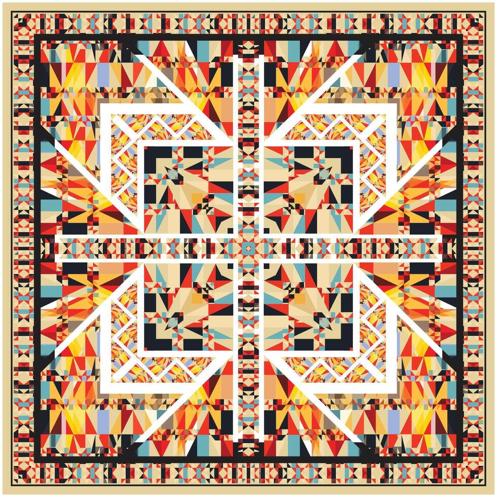 Abstract square print scarf pattern featuring intricate designs in various colors and shapes, creating a visually engaging composition, geometric diamond shape. vector