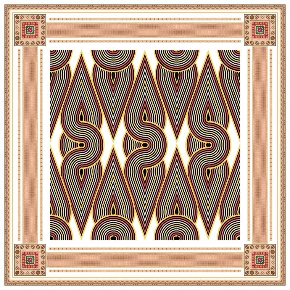 Square Line art Hand Drawn Geometric print Scarf.A patterned scarf design with wavy lines and decorative geometric border. vector