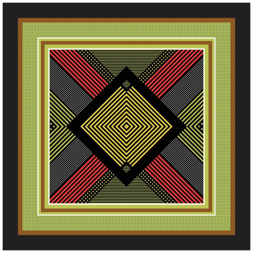 A geometric square print design characterized by a series of diagonal and concentric lines, colorful black, yellow, red, and green and background is predominantly black color, vector