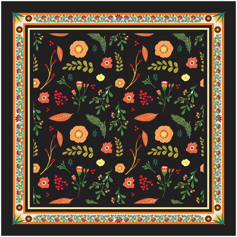 Seamless floral print pattern with various flowers and leaves on a dark background. vector