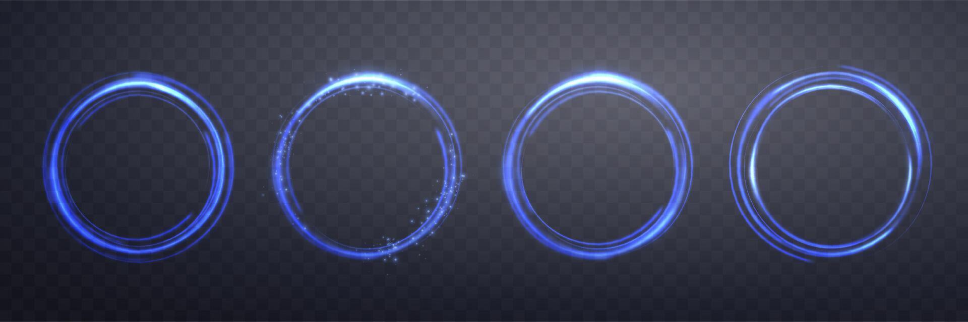 Glowing blue magic rings. Neon realistic energy flare halo rings. Abstract light effect vector