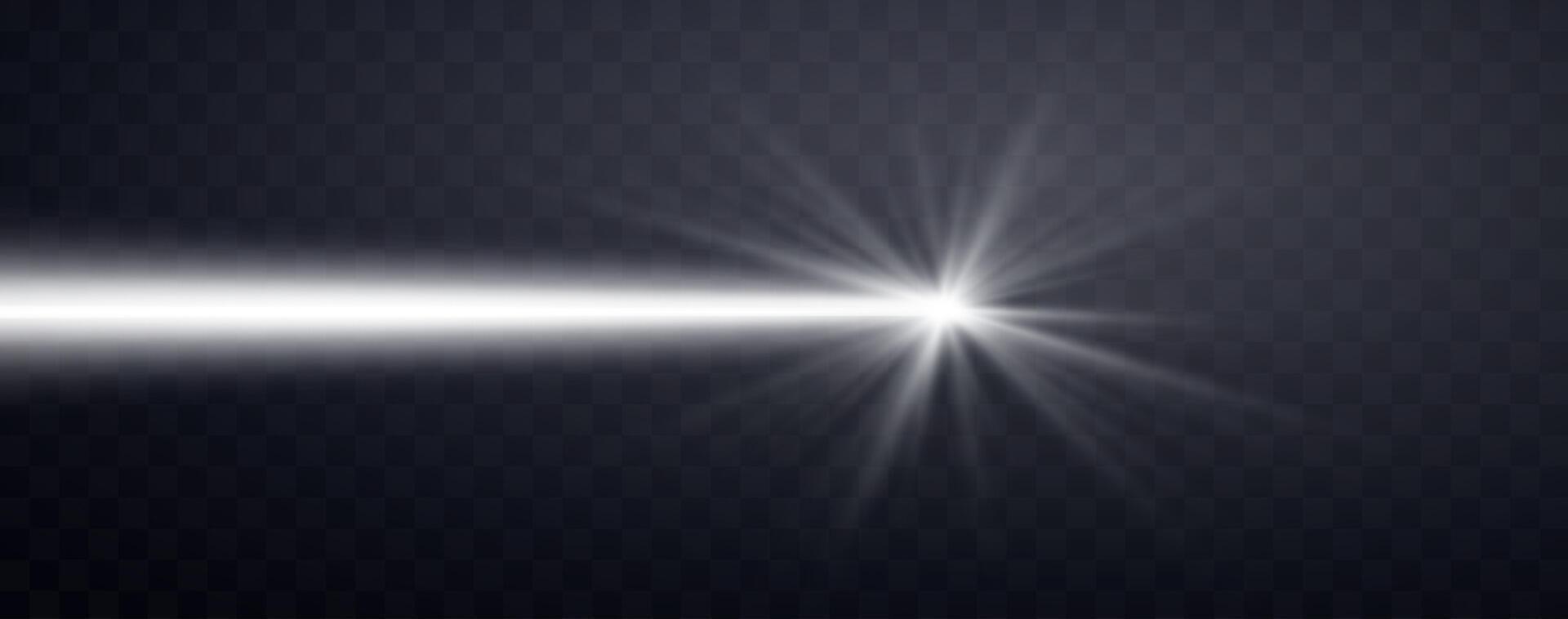 White horizontal laser beam. Neon line, presentation pointer. Silver glow flare light effect. vector