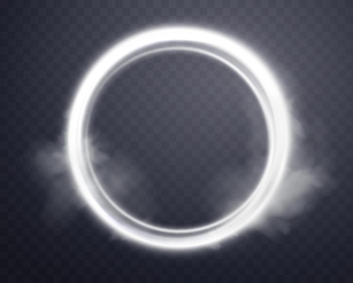 White magic glowing ring with smoke. Neon realistic energy flare halo ring. Silver abstract light effect vector