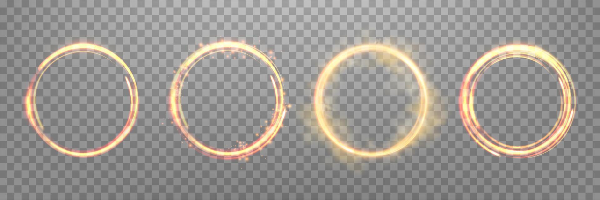 Glowing orange magic rings. Neon realistic energy flare halo rings. Abstract light effect vector