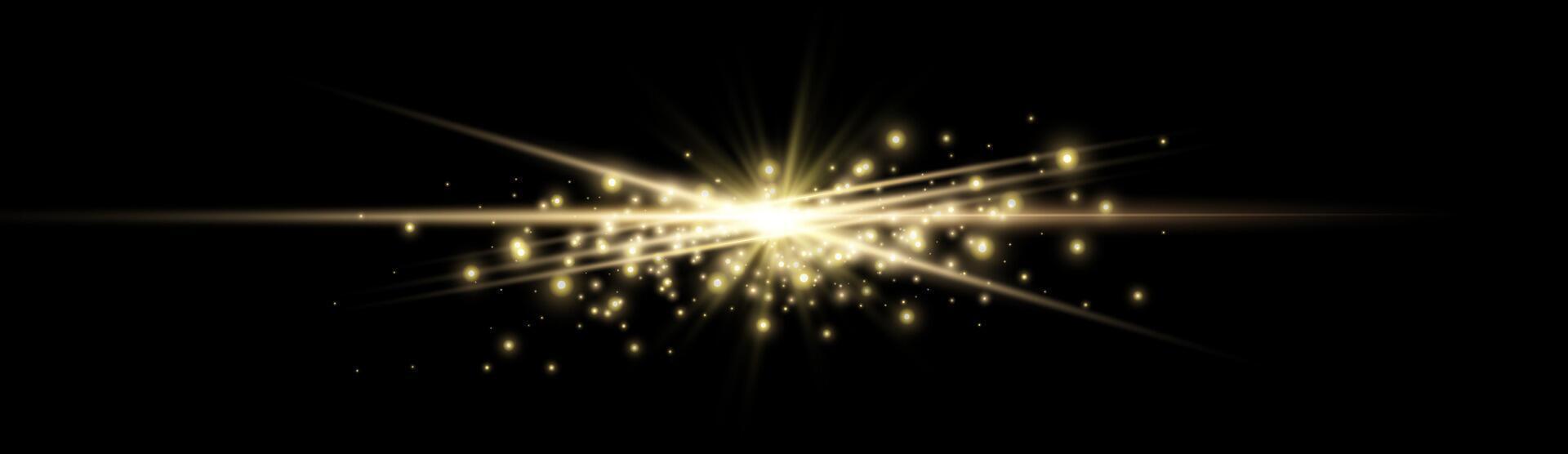Gold horizontal lensflare. Light flash with rays or gold spotlight and bokeh. Yellow glow flare light effect. vector